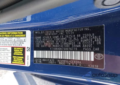 2025 Toyota Camry Se z USA, uszkodzony, nr VIN 4T1DBADK7SU016779